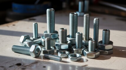Assorted metal nuts and bolts on a workshop table in sunlight