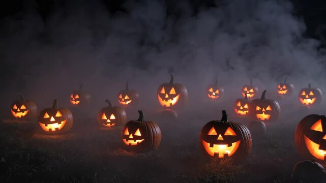 background of a pumpkin patch at night, with carved jack-o'-lanterns glowing softly, surrounded by fog and shadows