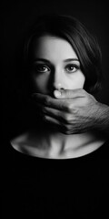 Obraz premium A woman's face with a troubled look, mouth covered by a man's hand. Black and white portrait, theme of violence and suppression.