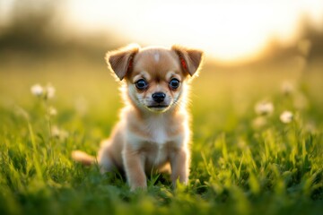Tiny chihuahua puppy dog with light brown fur, blue eyes, sitting on green grass during sunset. Concept of tiny chihuahua puppy evoking warmth and curiosity.