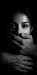 A woman's face with a troubled look, mouth covered by a man's hand. Black and white portrait, theme of violence and suppression.