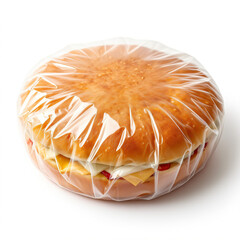 Fresh hamburger on a white background. Disposable plastic wrap cover.