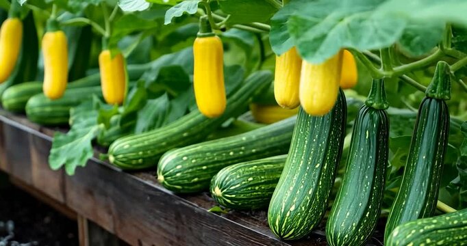 Close-up view of yellow and green zucchini, zucchini hanging on the vine