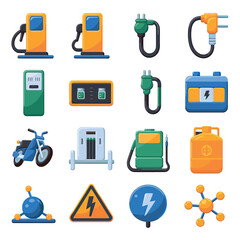 vector icons to vehicle fueling and charging a gasoline pump, an electric vehicle plug hydrogen mole