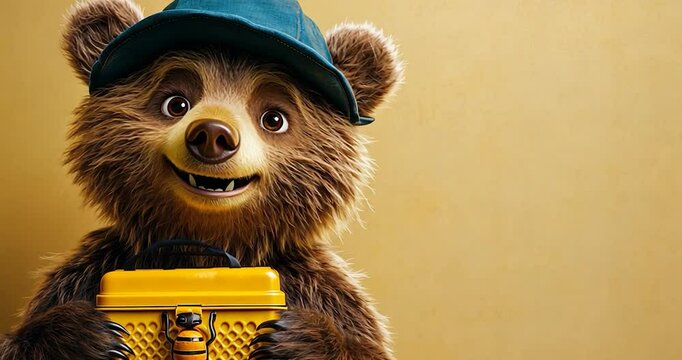A close-up of an animal wearing a green hat. The animal is smiling, with a yellow toolbox and a yellow background