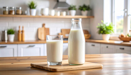 Un vaso y una botella de cristal con leche para el desayuno sobre la mesa de una cocina moderna y luminosa