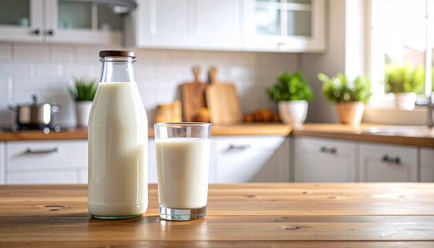 Un vaso y una botella de cristal con leche fresca sobre la mesa para campa&ntilde;as de alimentaci&oacute;n saludable, productos l&aacute;cteos y estrategias publicitarias de estilo de vida sana