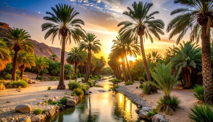 Oasis sunset with palm trees, and stream.