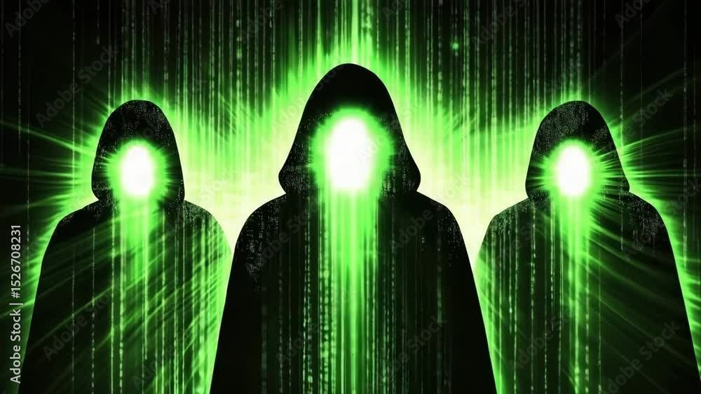 Poster group of mysterious figures wearing black cloaks, illuminated by cascading green light reminiscent o