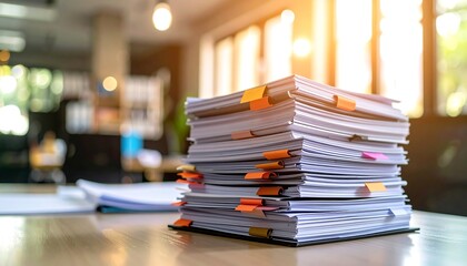 Office paperwork stack with desk.