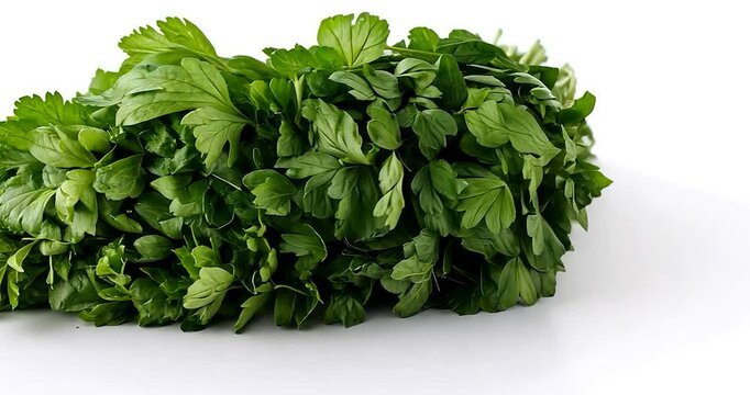 Bunch of fresh green cilantro leaves against a white background. A fresh [generic term] bunch against a white background. The leaves are dark green