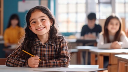 Cheerful biracial girl in plaid uniform smiles on knowledge day in a classroom full of students