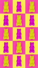 Summer 3D vertical gummy bear render image pink yellow checkers pop funky textured vintage retro vibe mockup copy space candy sweet juicy advertisement sugar kids doodle cartoon poster background