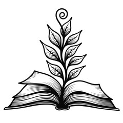 Open book with growing plant in monochrome, representing knowledge, with space for copy