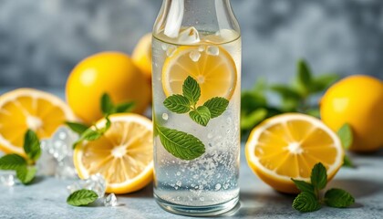 Fototapeta premium Refreshing lemon mint sparkling water in glass bottle, citrus, drink photography