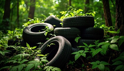 Tires in The Forest: An impactful photograph reveals discarded tires marring a forest landscape, symbolizing environmental damage. The tires, a dark contrast to the green forest.