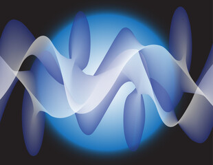 Abstract background with blue and white waves flowing in front of a light blue circle. These waves create a dynamic and rotating effect