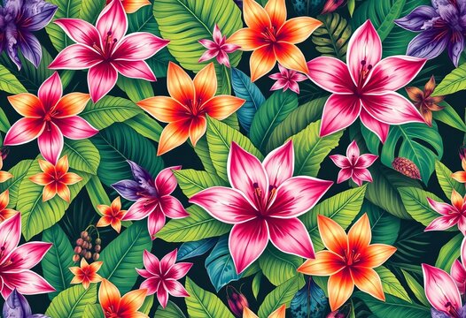Seamless tropical floral pattern; vibrant blooms, lush leaves, abstract shapes,  element,  colorful
