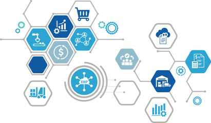 ERP banner. concept for enterprise resource planning with icon of inventory, financials, production, service, purchasing. vector illustration EPS 10.