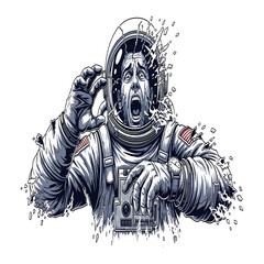 A distressed astronaut screaming in terror wearing a tattered spacesuit, shattered helmet and fragmented suit pieces surrounding him, muted gray-blue color palette grayscale illustration.

