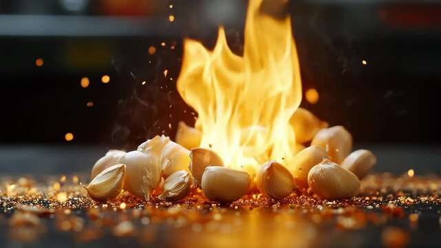 Garlic cloves surrounded by bright, fiery flames in a dramatic culinary scene, symbolizing intense flavor, heat, and the essential role of garlic in spicy and bold cooking styles.