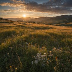 "A highland meadow during golden hour, filled with tall grass and wildflowers, with distant rolling hills and low-lying clouds hugging the mountains"