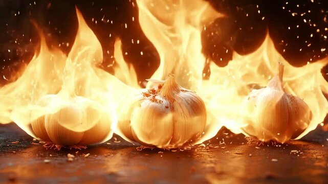 Whole garlic bulbs engulfed in bright flames, emphasizing intense heat and fiery spice. A vivid representation of garlic's powerful flavor and essential role in bold, dramatic cooking styles.