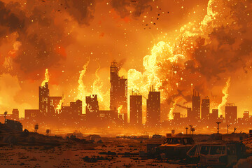 Fiery Cityscape at Night: Apocalyptic Firestorm Illustration