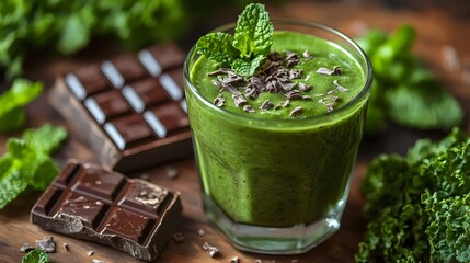 A refreshing green smoothie topped with mint and chocolate shavings.
