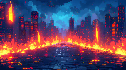 Fototapeta premium Fiery Cityscape at Night: Pixel Art of Burning Buildings and a Destructive Inferno