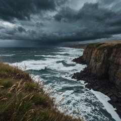 "A dramatic cliffside overlooking the ocean, with waves crashing below, strong coastal winds bending the grasses, and a cloudy sky hinting at an approaching storm"