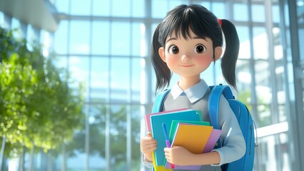 Preteen girl dressed in grey uniform celebrating knowledge day at school in September