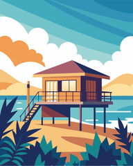 Obraz premium The sound of waves softly crashing against the shore can be heard from the private balcony of the beachfront bungalow.. Vector illustration
