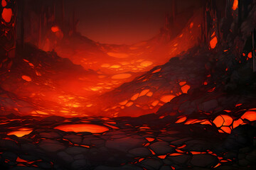 Fiery Lava Landscape: Digital Pixel Art of a Molten Red and Orange Inferno