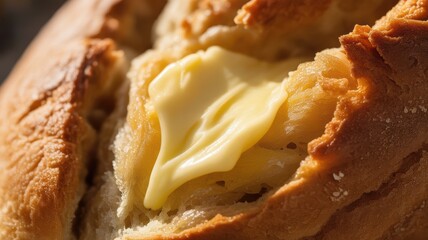 Close-up of freshly baked bread with melted butter in warm daylight