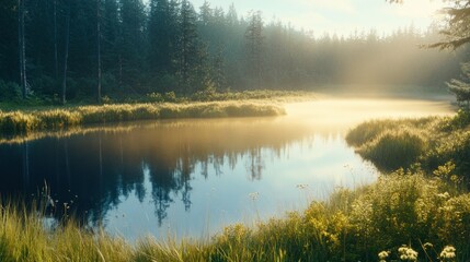 A peaceful lake surrounded by vibrant green trees and grasses