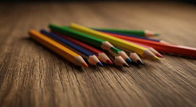 Colored pencils on wooden surface