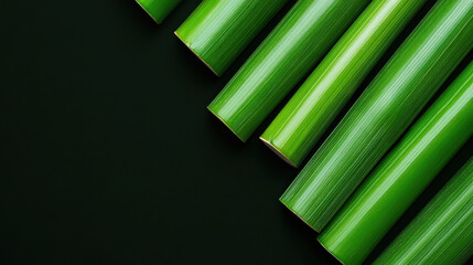 Obraz premium Green Bamboo Stalks on Black: Vibrant green bamboo stalks arranged diagonally against a deep black background, creating a striking contrast and minimalist aesthetic.