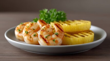 Grilled shrimp served with grilled pineapple on a white plate, ready to enjoy.