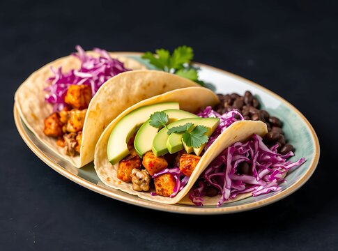 Delightful Taco Platter: a captivating close-up of an appetizing taco platter, showcasing the artful arrangement of vibrant, fresh ingredients that will undoubtedly stimulate taste buds.