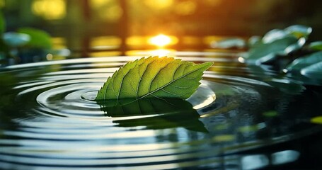 Close-up of a leaf floating in water. Green leaf resting on the surface of the water in ripples. Golden sunlight in the background. Green leaf in water. Ripples in water. Sunlight - Powered by Adobe