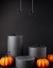 Halloween display concept. dark gray empty podiiums with orange pumpkins and candles on black background. Generated image