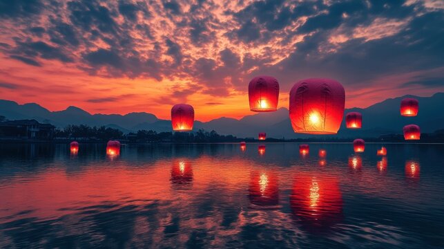 Pink lanterns float over lake at sunset