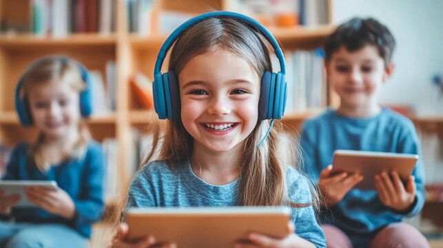 Smiling children engage in digital learning on knowledge day at school in September - Powered by Adobe