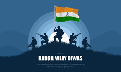 Fototapeta na wymiar 26th July - Kargil Vijay Diwas Banner and Greeting Card. Kargil Victory Day Celebration with Text and Solder Kneeling Vector Illustration