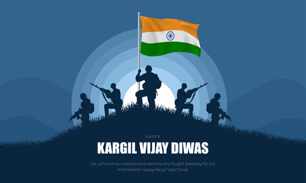 26th July - Kargil Vijay Diwas Banner and Greeting Card. Kargil Victory Day Celebration with Text and Solder Kneeling Vector Illustration