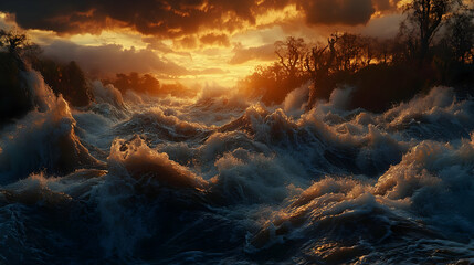 Fiery Sunset over a Turbulent River Rapid