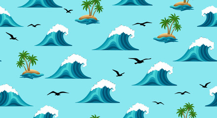 Pixel Art Seamless Pattern Tropical Island Waves Sea Ocean