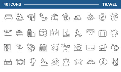 Travel and Tourism set of web icons in line style.Travel and vacation icons for web and mobile app. Airport, tickets, tour, relax, hotel, recreational rest, service. Vector illustration