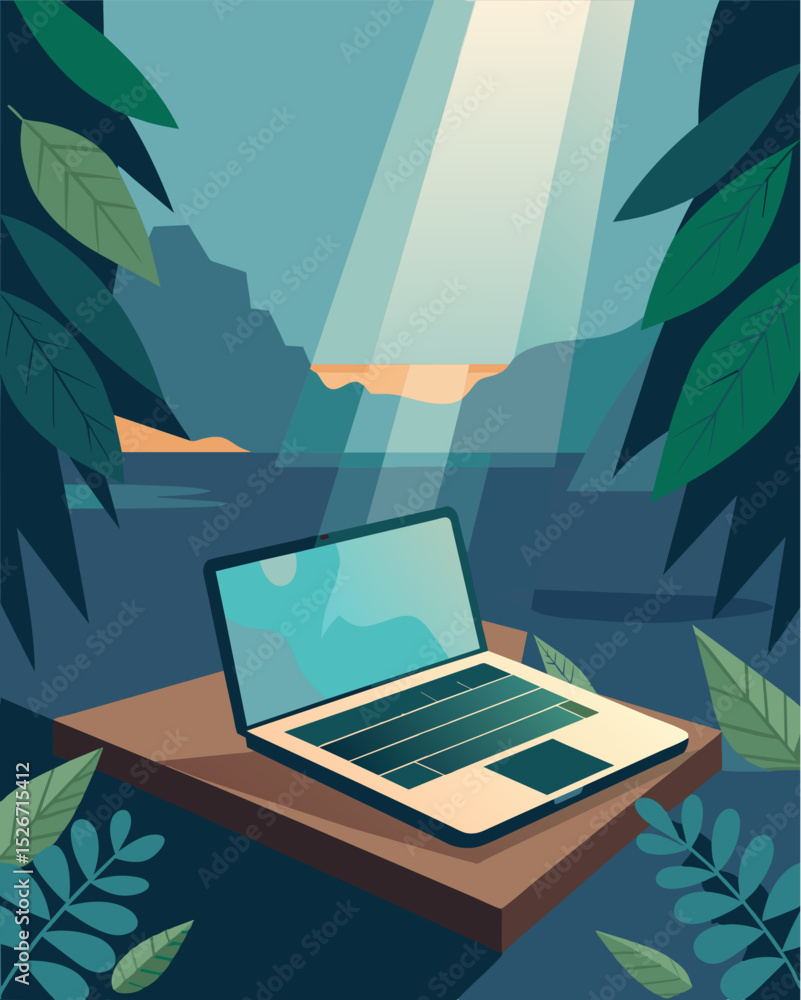 Poster the rays of sunlight peek through the leaves and reflect off the glossy surface of a laptop sitting 